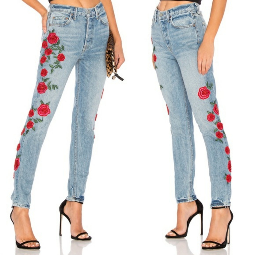 NWT GRLFRND Karolina high rise embroidered jeans